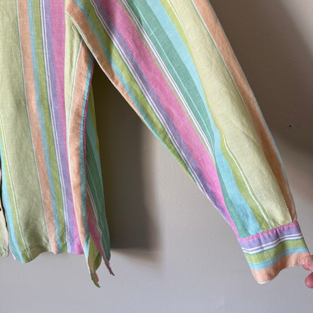 Coldwater Creek Blouse Womens LARGE Linen Blend Pastel Rainbow Stripe Top Shirt - Picture 3 of 11